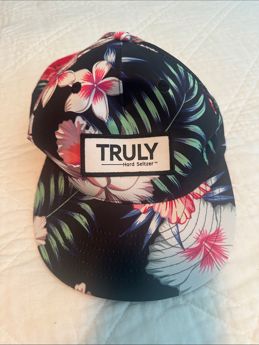TRULY Black Floral Baseball Cap with Pink & Green Accents